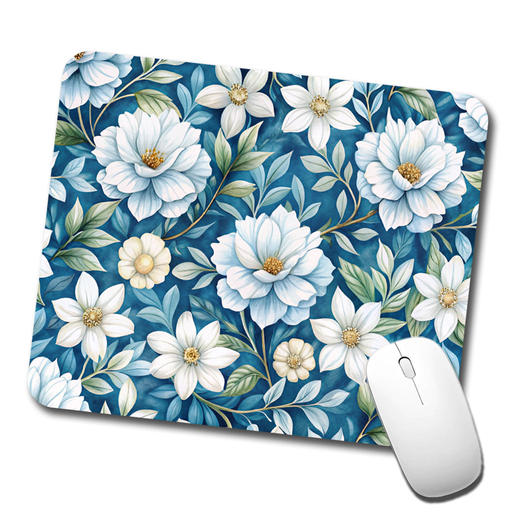 White Flowers Blue Background Low Profile Mouse Pad Mat