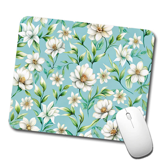 White Flowers Light Blue Background Low Profile Mouse Pad Mat