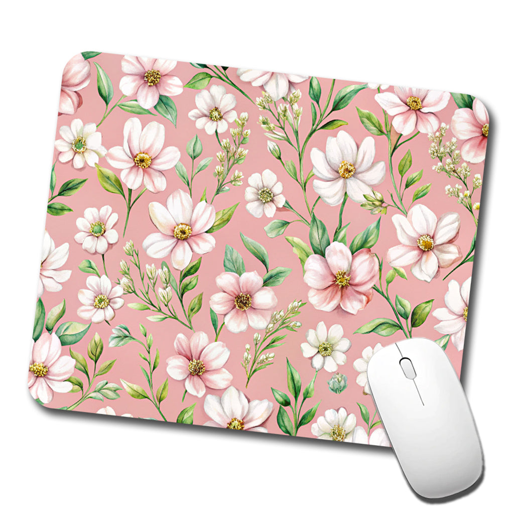 White Flowers Pink Background Low Profile Mouse Pad Mat