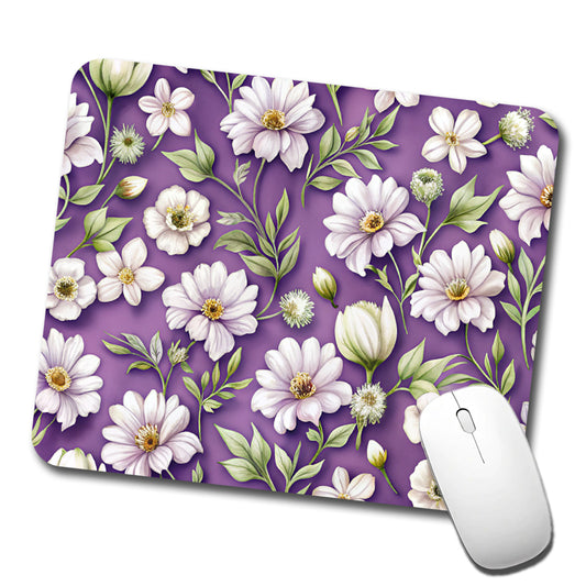 White Flowers Purple Background Low Profile Mouse Pad Mat