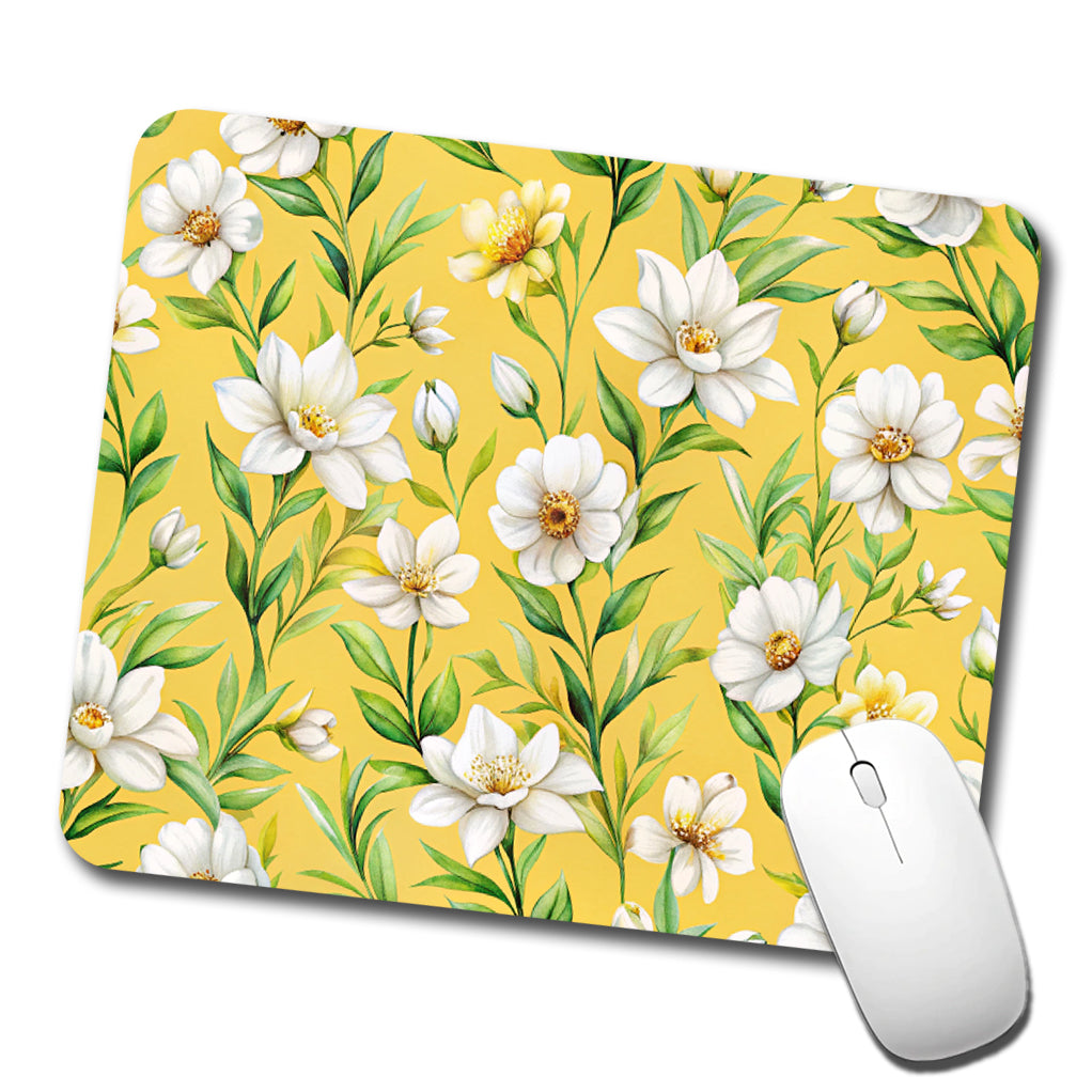 White Flowers Yellow Background Low Profile Mouse Pad Mat