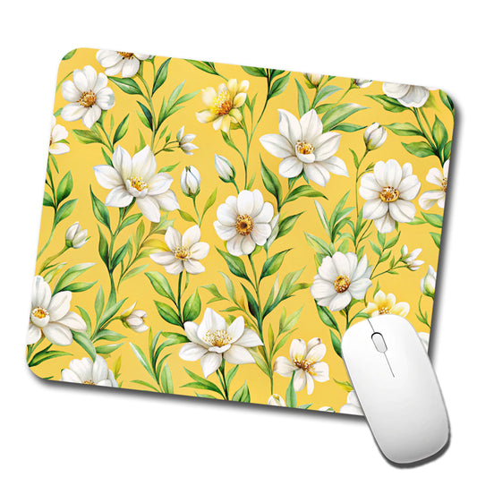 White Flowers Yellow Background Low Profile Mouse Pad Mat