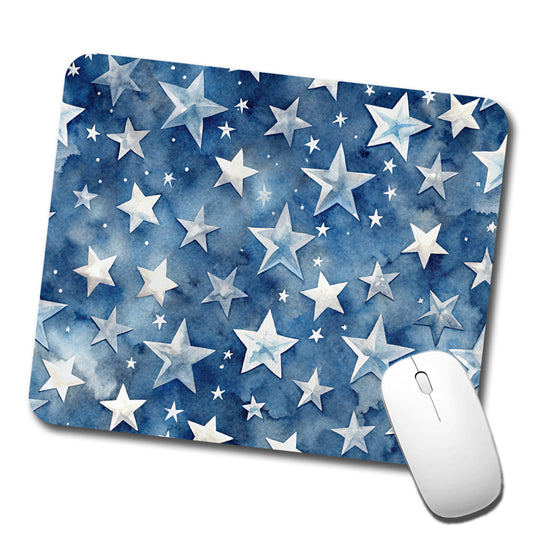 White Stars Blue Background Watercolor Low Profile Mouse Pad Mat