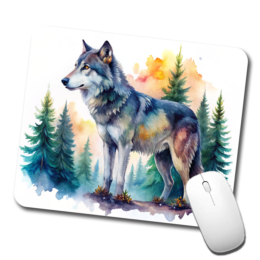 Wolf In Forest Watercolor Design Low Profile Mouse Pad Mat