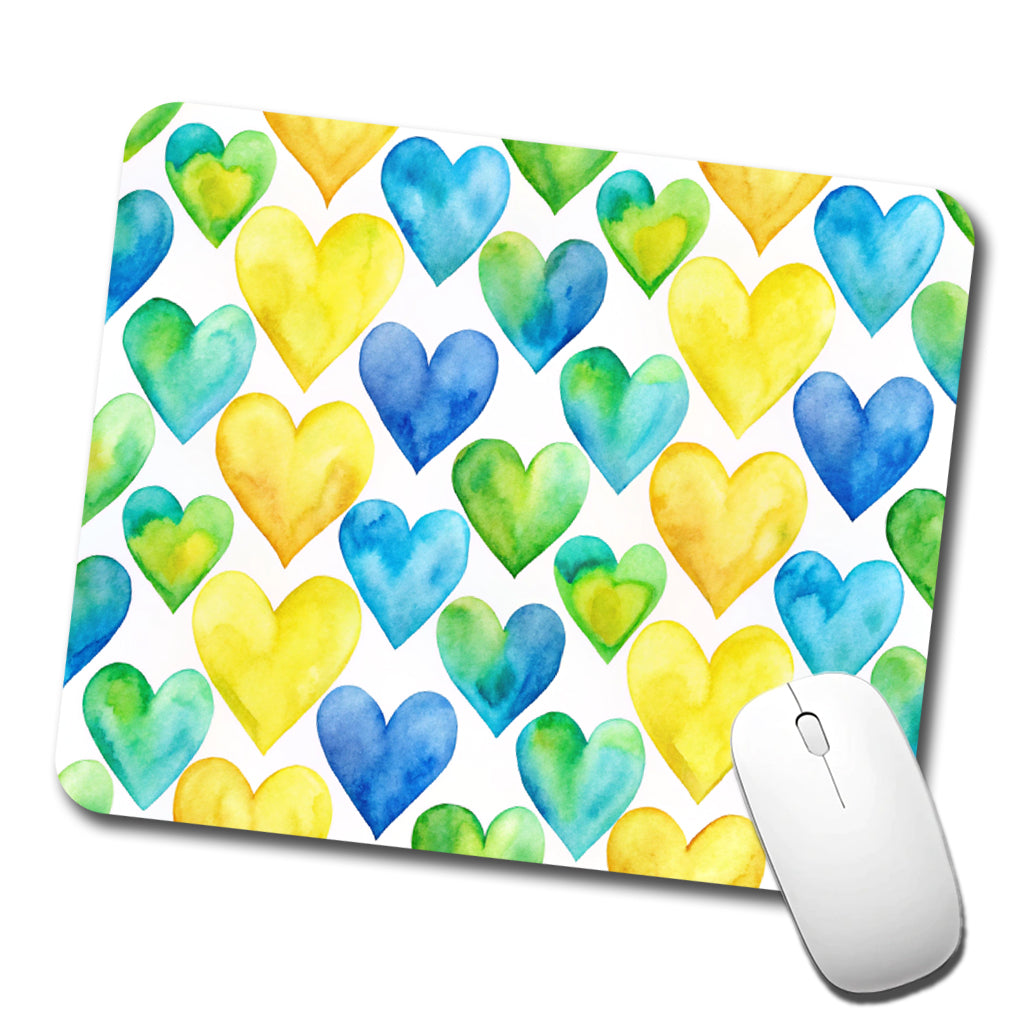 Yellow Blue Green Hearts Watercolor Low Profile Mouse Pad Mat