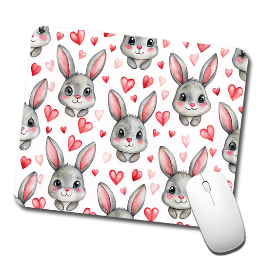 Adorable Gray Bunnies And Hearts Low Profile Mouse Pad Mat