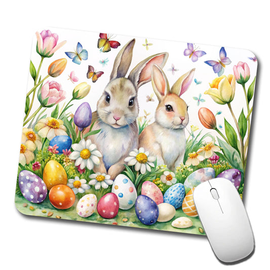 Beautiful Easter Bunnies Rabbits Eggs Flowers Low Profile Mouse Pad Mat