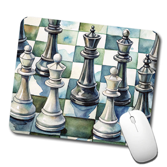 Black White Chess Pieces Watercolor Low Profile Mouse Pad Mat