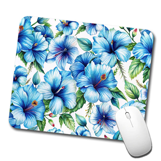 Blue Hibiscus Flowers Watercolor Low Profile Mouse Pad Mat