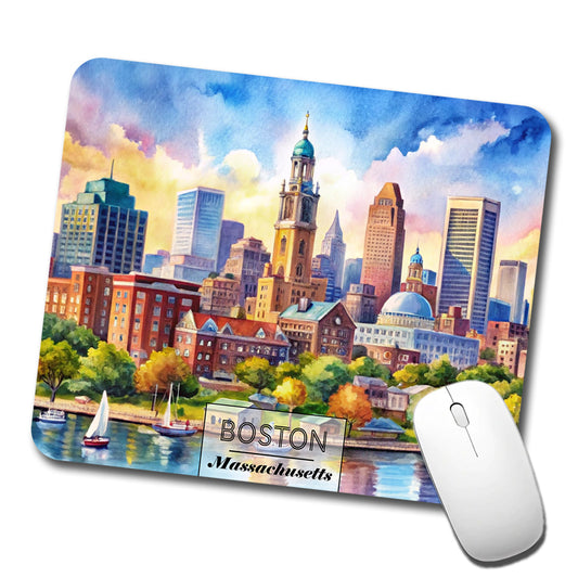 Boston Massachusetts Travel City Watercolor Low Profile Mouse Pad Mat