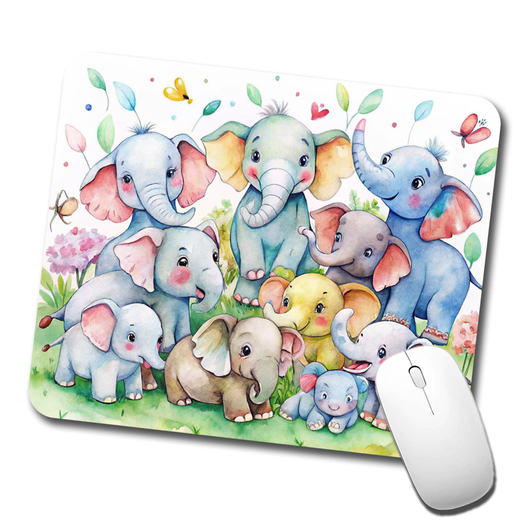 Bunch Of Cute Elephants Watercolor Low Profile Mouse Pad Mat