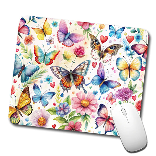 Butterflies Hearts Flowers Beautiful Watercolor Low Profile Mouse Pad Mat