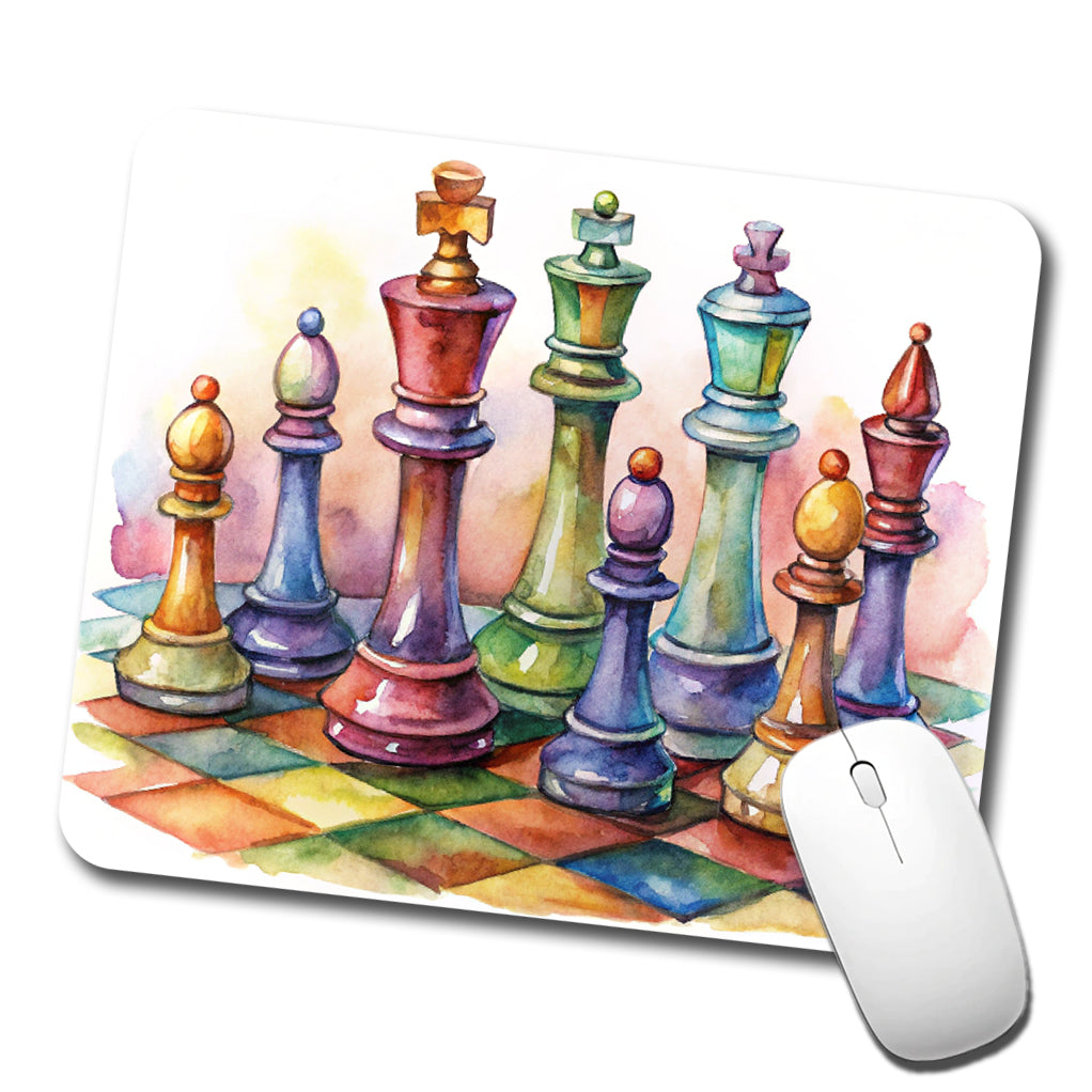 Chess Pieces Colorful Watercolor Low Profile Mouse Pad Mat