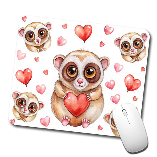 Chibi Slow Loris And Hearts Watercolor Low Profile Mouse Pad Mat