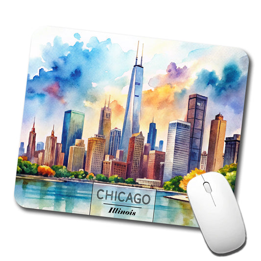 Chicago Illinois Travel City Watercolor Low Profile Mouse Pad Mat