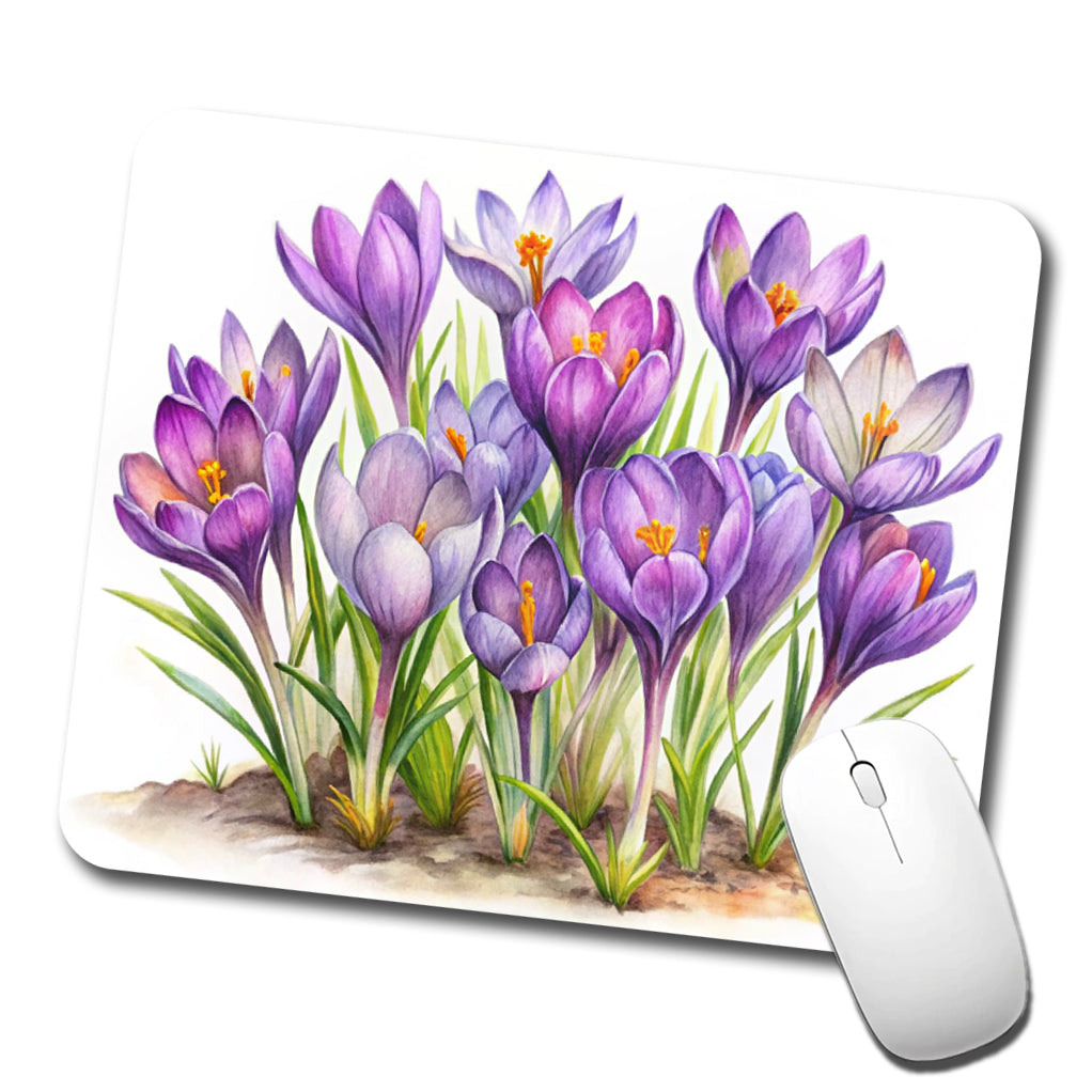 Crocus Purple Flowers Watercolor Low Profile Mouse Pad Mat