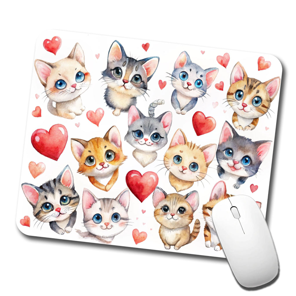 Cute Fun Cats Hearts Watercolor Low Profile Mouse Pad Mat