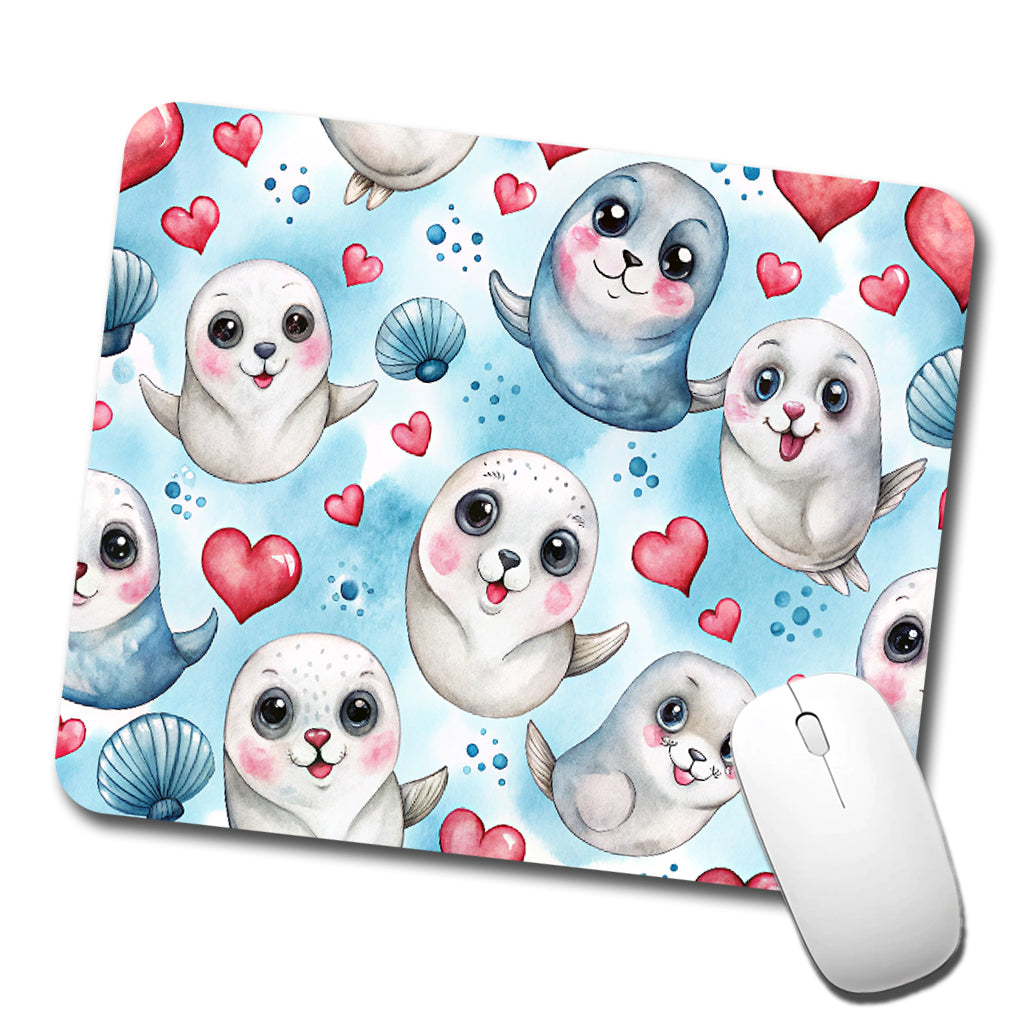 Cute Harp Seals And Hearts Watercolor Low Profile Mouse Pad Mat