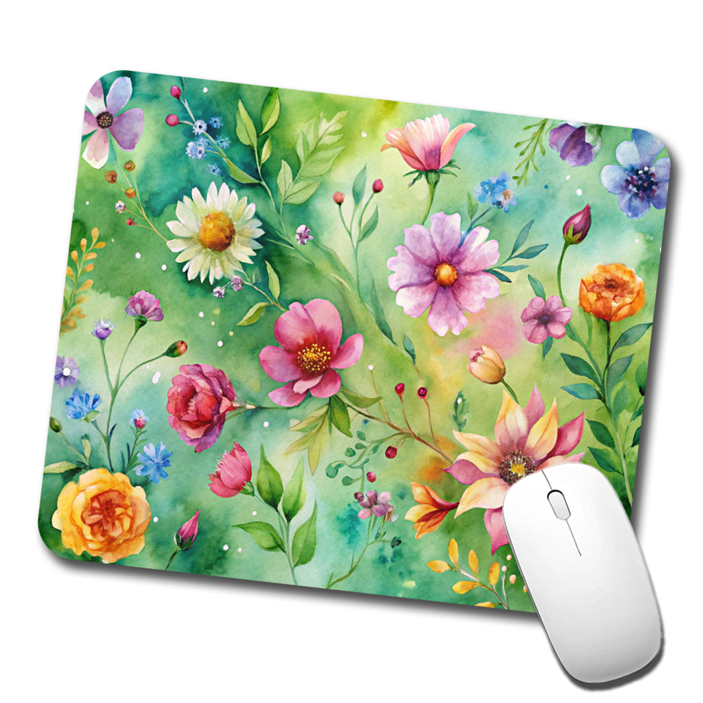 Flowers Green Background Watercolor Low Profile Mouse Pad Mat