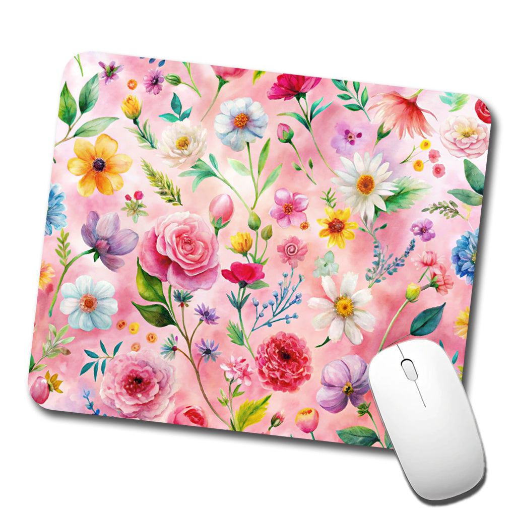 Flowers Pink Background Watercolor Low Profile Mouse Pad Mat
