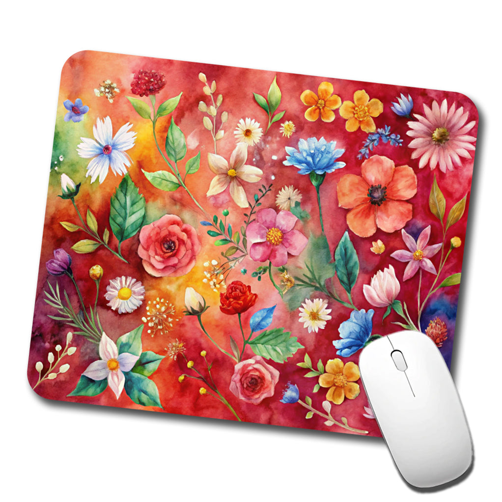 Flowers Red Background Watercolor Low Profile Mouse Pad Mat