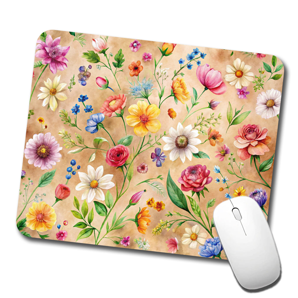 Flowers Tan Background Watercolor Low Profile Mouse Pad Mat