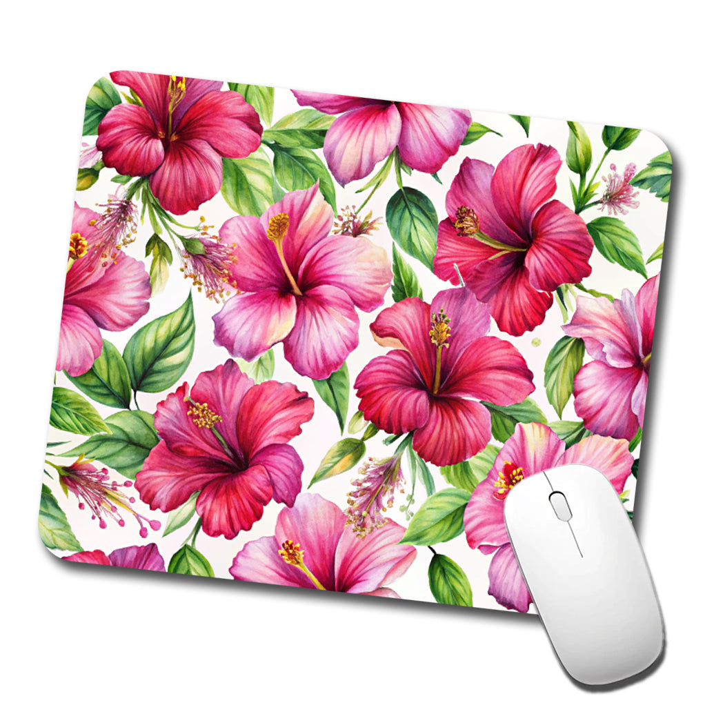Fuchsia Hibiscus Flowers Watercolor Low Profile Mouse Pad Mat