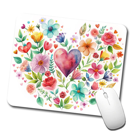 Hearts Flowers Watercolor Low Profile Mouse Pad Mat