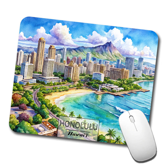Honolulu Hawaii Travel City Watercolor Low Profile Mouse Pad Mat