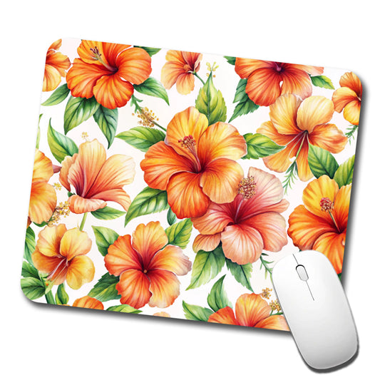 Orange Hibiscus Flowers Watercolor Low Profile Mouse Pad Mat