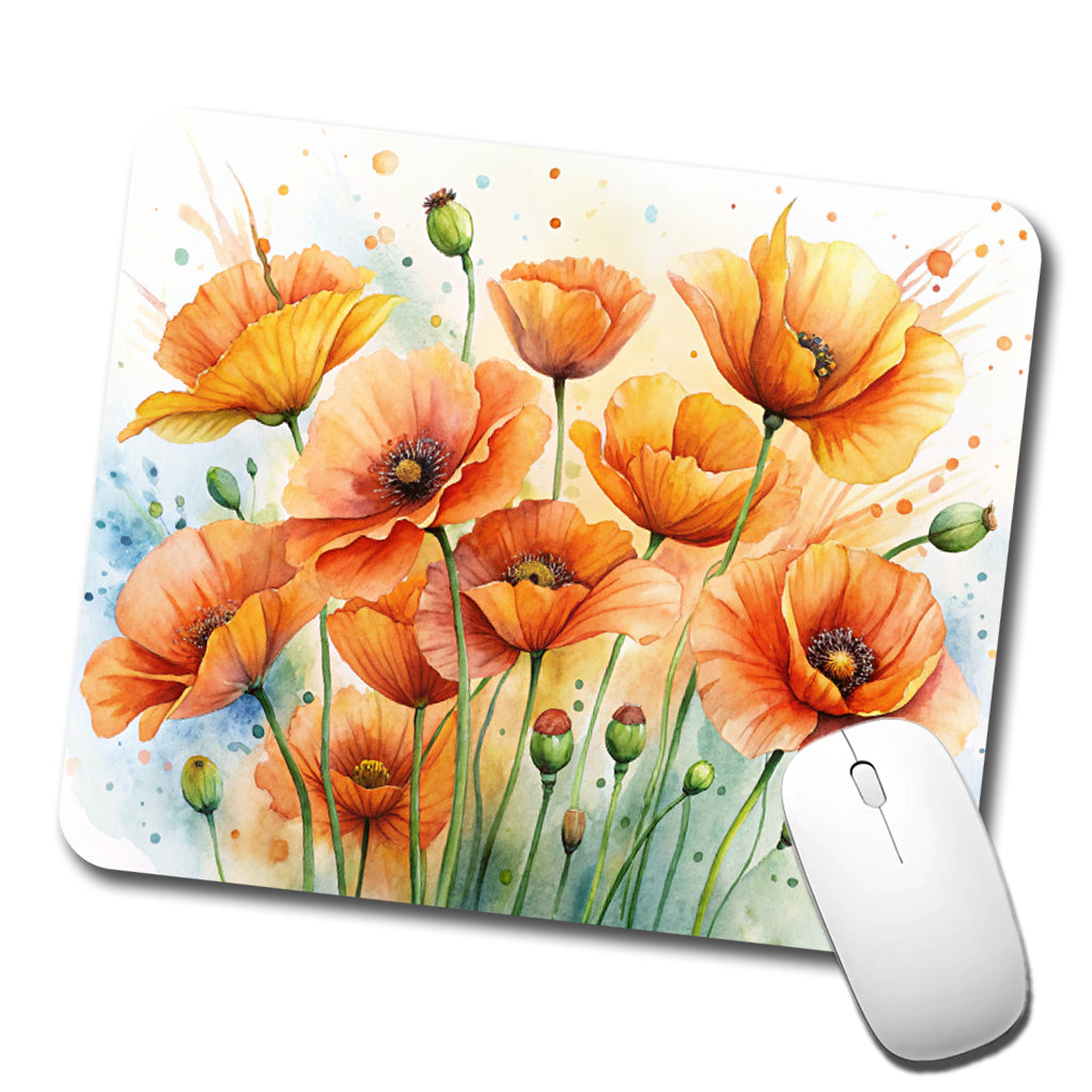 Orange Poppies Flowers Watercolor Low Profile Mouse Pad Mat