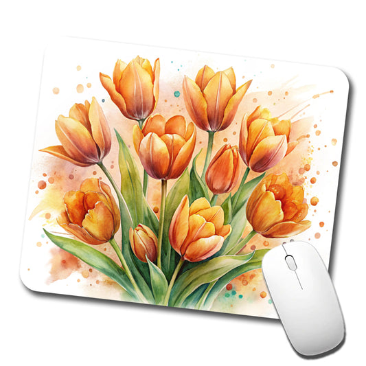 Orange Tulips Flowers Watercolor Low Profile Mouse Pad Mat
