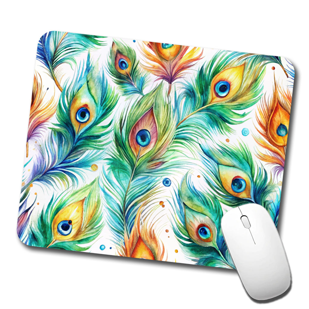 Peacock Feathers Watercolor Low Profile Mouse Pad Mat