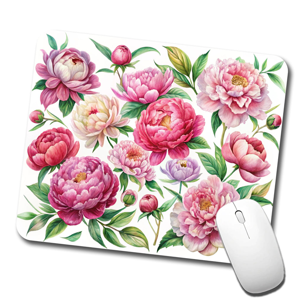 Peonies Pink Flowers Watercolor Low Profile Mouse Pad Mat