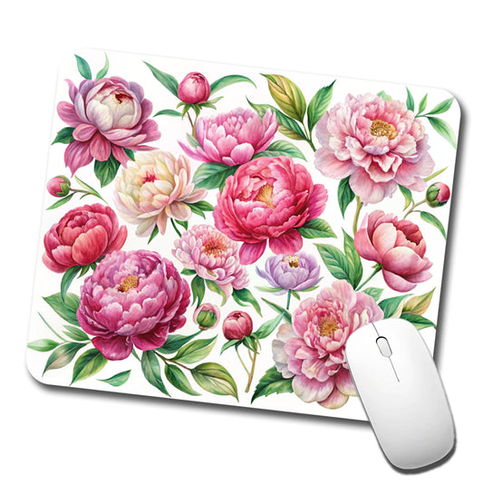 Peonies Pink Flowers Watercolor Low Profile Mouse Pad Mat