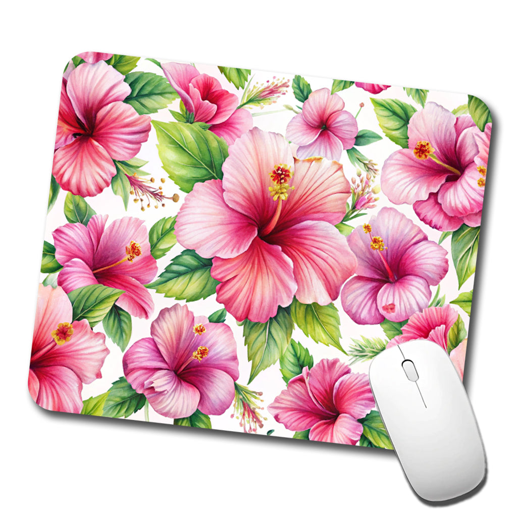 Pink Hibiscus Tropical Flowers Watercolor Low Profile Mouse Pad Mat