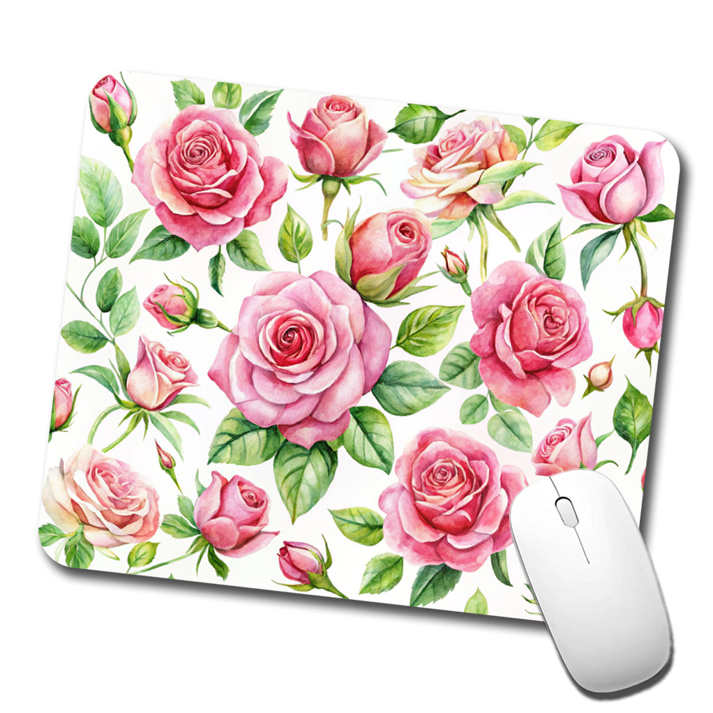 Pink Roses Flowers Watercolor Low Profile Mouse Pad Mat