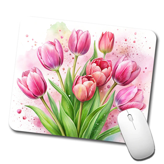 Pink Tulips Flowers Watercolor Low Profile Mouse Pad Mat