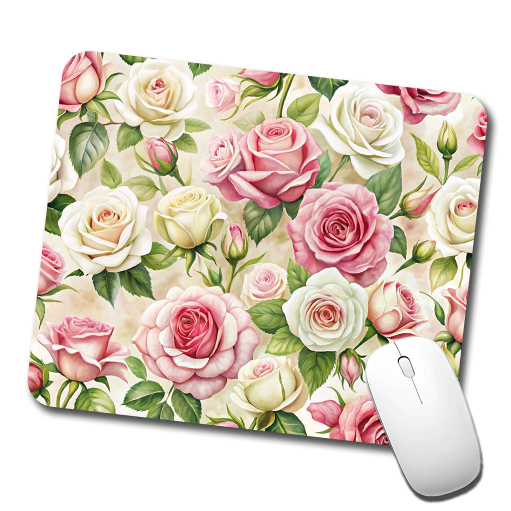 Pink White Roses Flowers Watercolor Low Profile Mouse Pad Mat