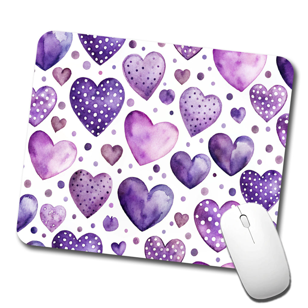 Purple Hearts Polka Dots Watercolor Low Profile Mouse Pad Mat