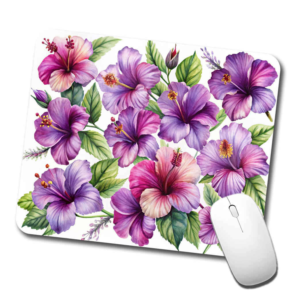 Purple Hibiscus Flowers Watercolor Low Profile Mouse Pad Mat