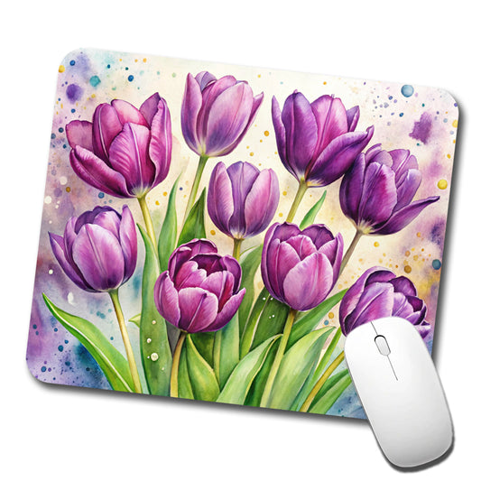 Purple Tulips Flowers Watercolor Low Profile Mouse Pad Mat