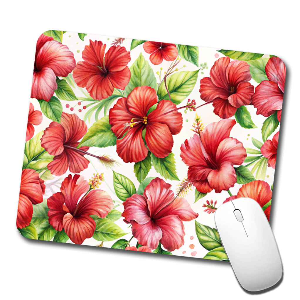 Red Hibiscus Flowers Watercolor Low Profile Mouse Pad Mat