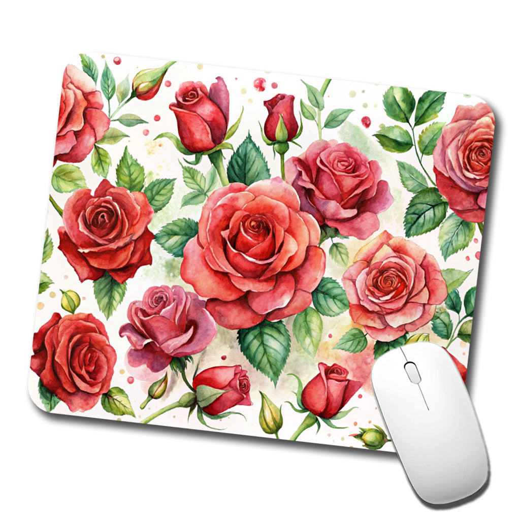 Red Roses Flowers Watercolor Low Profile Mouse Pad Mat