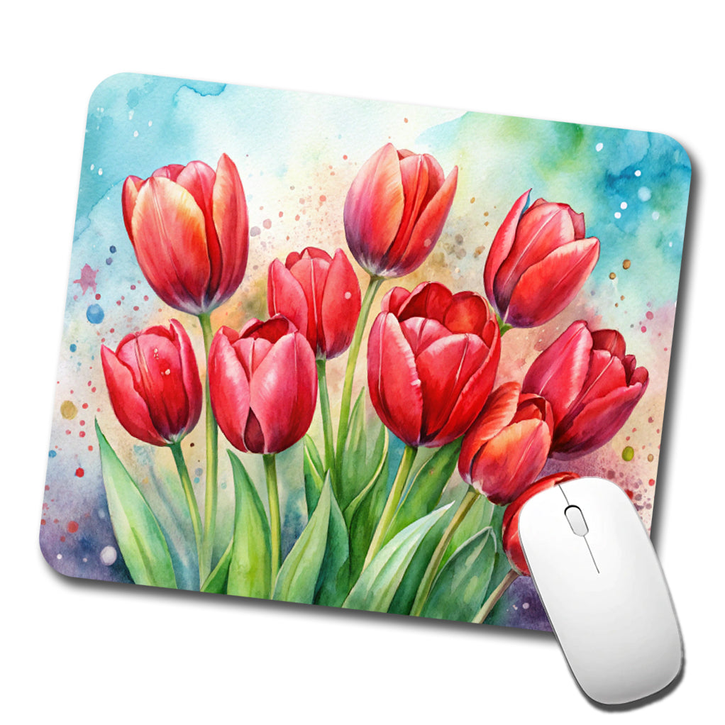 Red Tulips Flowers Watercolor Low Profile Mouse Pad Mat