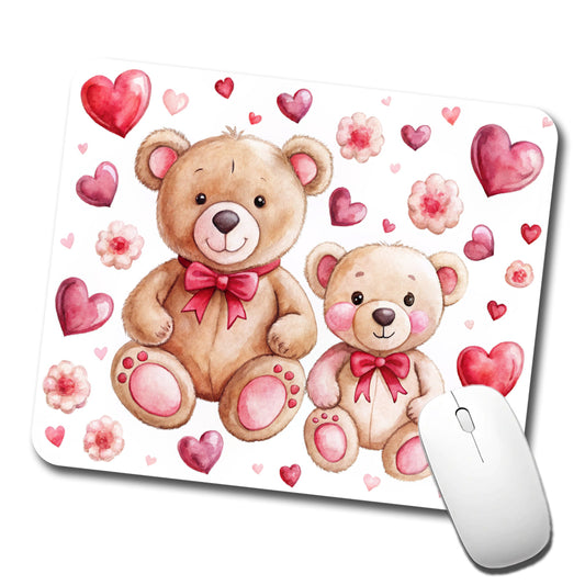 Teddy Bears Pink Red Hearts Low Profile Mouse Pad Mat