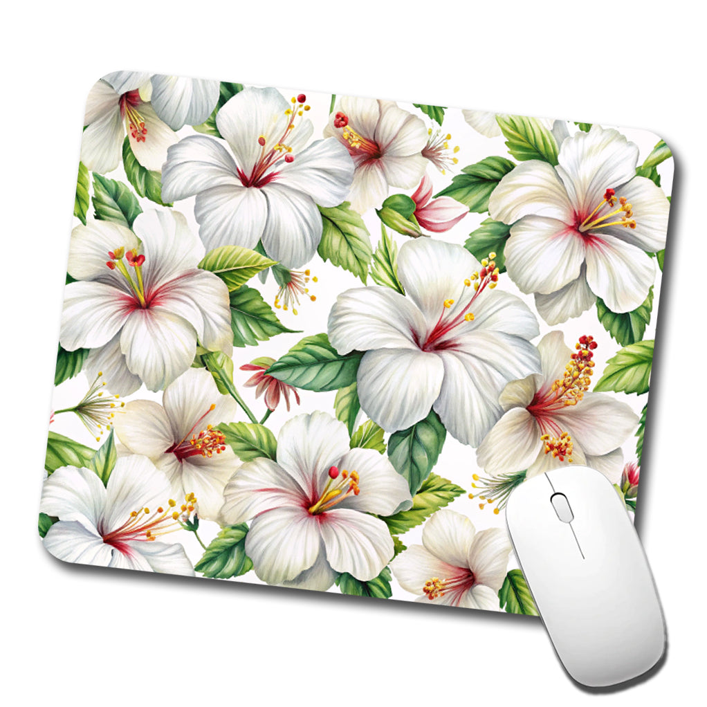 White Hibiscus Flowers Watercolor Low Profile Mouse Pad Mat