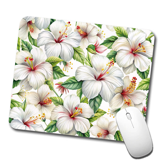 White Hibiscus Flowers Watercolor Low Profile Mouse Pad Mat