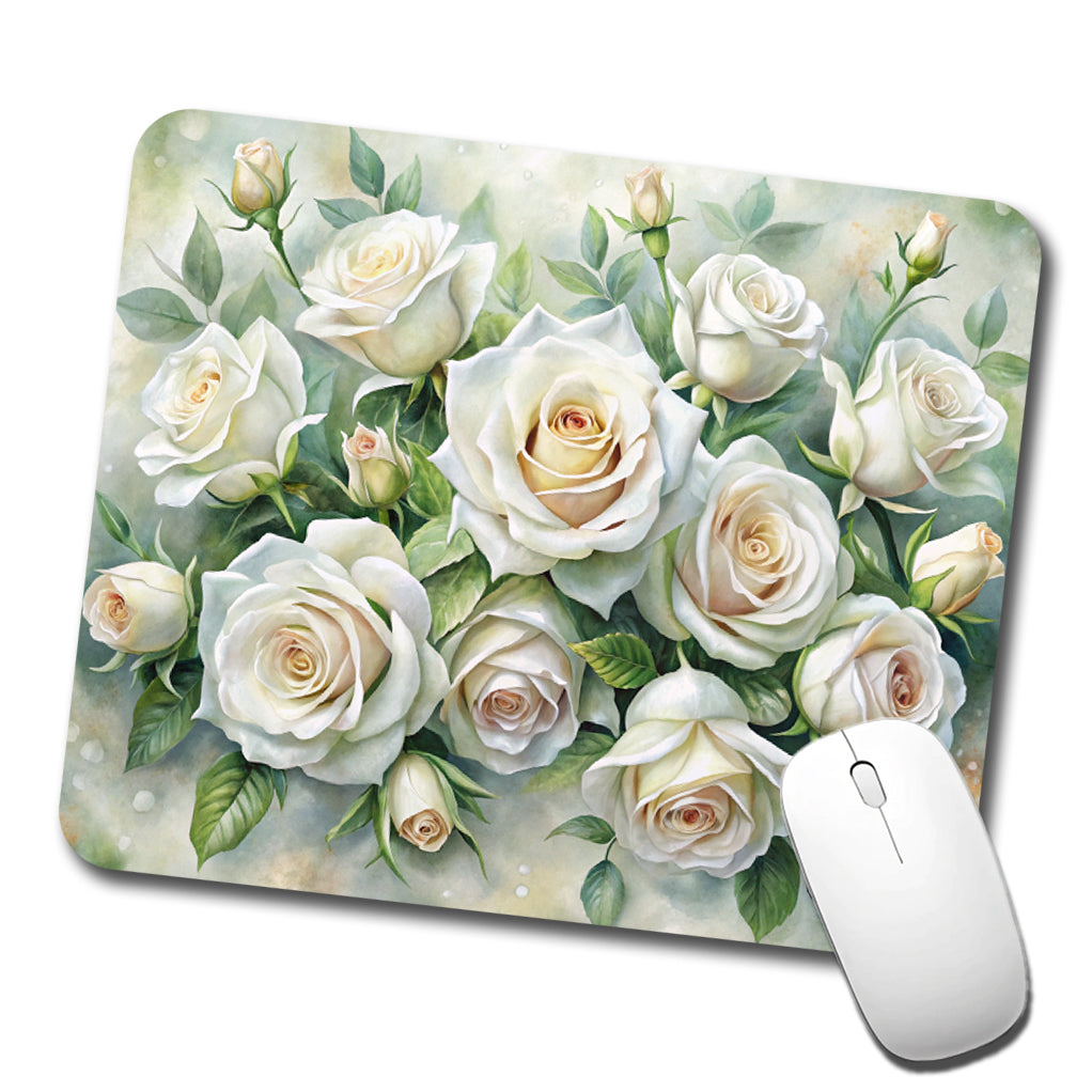 White Roses Flowers Watercolor Low Profile Mouse Pad Mat