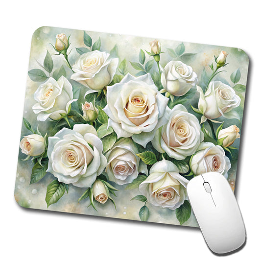 White Roses Flowers Watercolor Low Profile Mouse Pad Mat